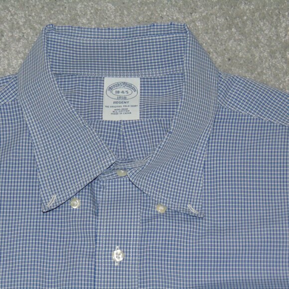 Brooks Brothers Regent Mens Long Sleeve Dress Shirt 18-4/5 Blue Check Cotton - Picture 2 of 9